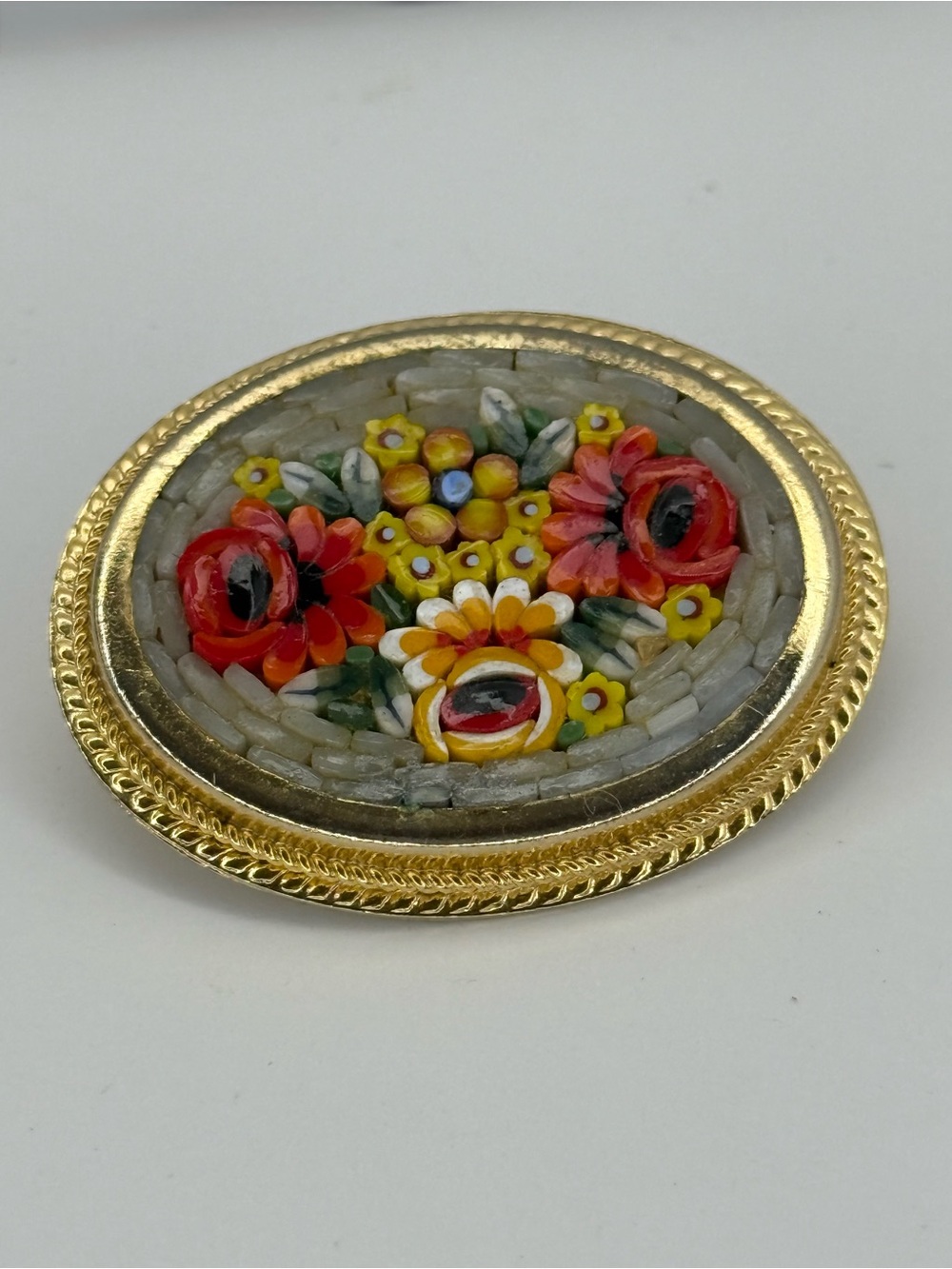 Vintage Gold Micro-Mosaic Floral Brooch - Red & Yellow Flowers